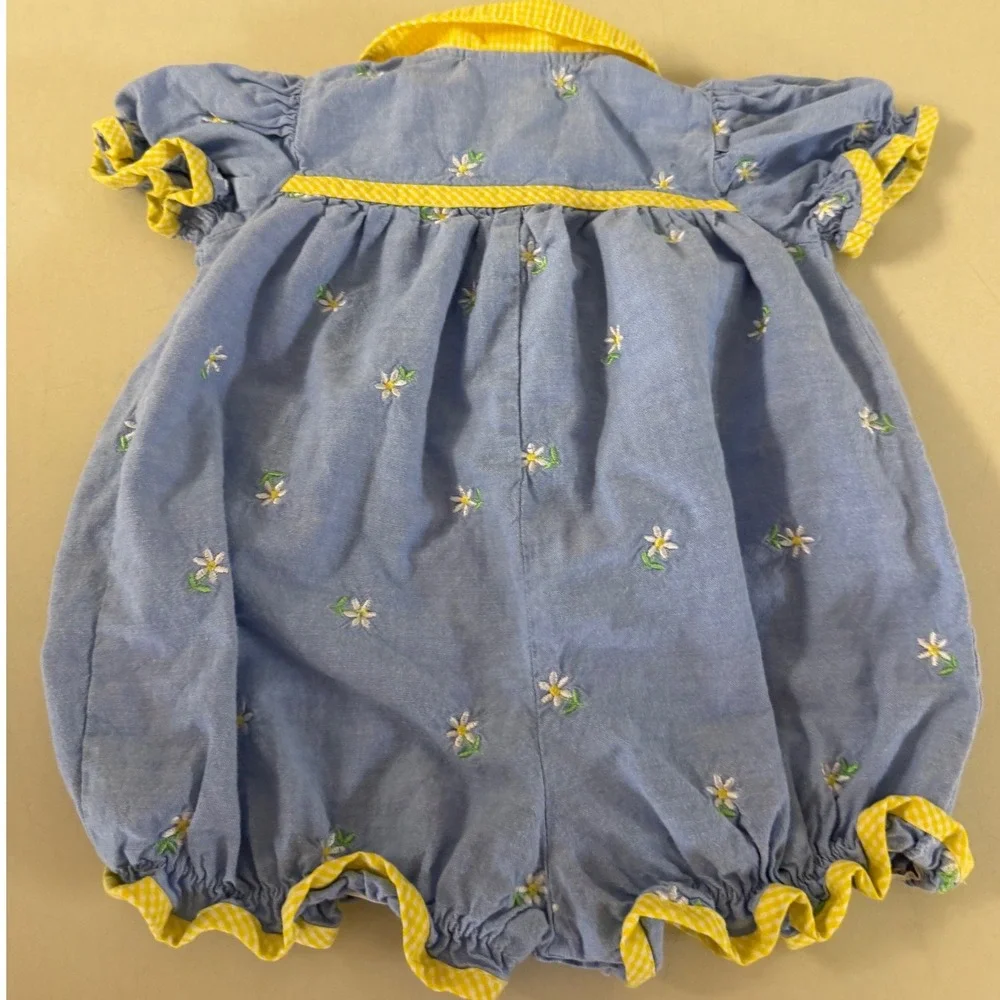 Vintage b.t. kids Girl Blue Floral Romper Yellow Gingham Trim 12 months
